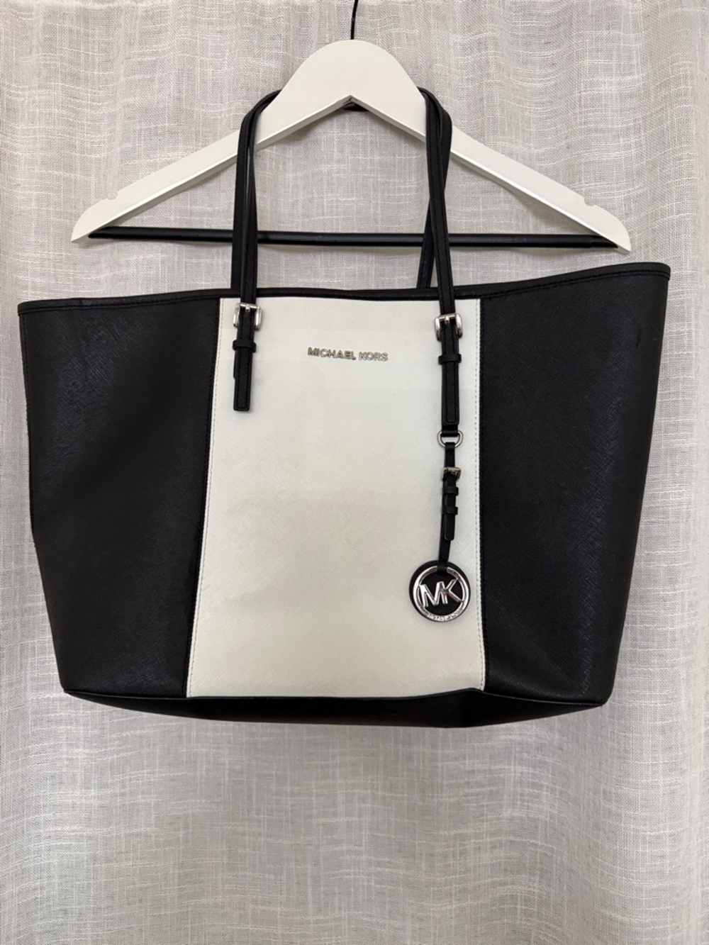 Michael Kors Black and White Center-Stripe Tote with MK Charm